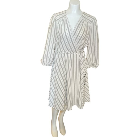 Calvin Klein White and Gray Striped Wrap Dress sz 10 - Picture 1 of 6